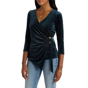 Beacon • Jai 3/4 Sleeve Ring Detail Knit Top• Large • Teal Green